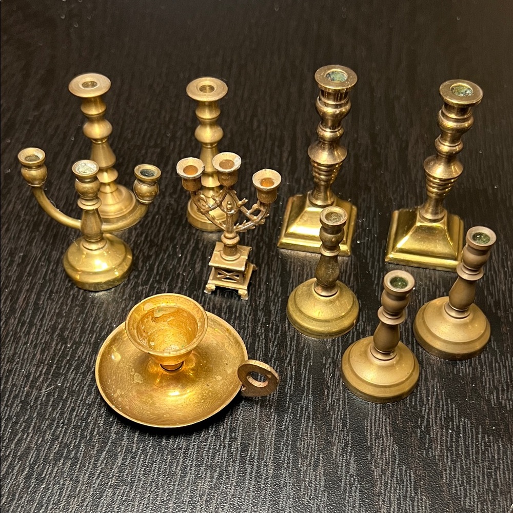 Vintage Brass & Gilt Pewter Miniature Candle Holders Candelabras Chamberstick